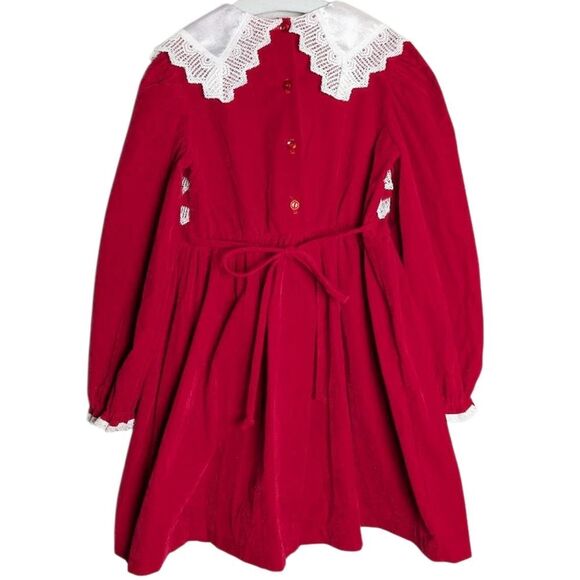 Vintage 90s Evy Red & White Velvet Big Collar Holiday Long Sleeve Dress Girls 6X - Picture 2 of 6